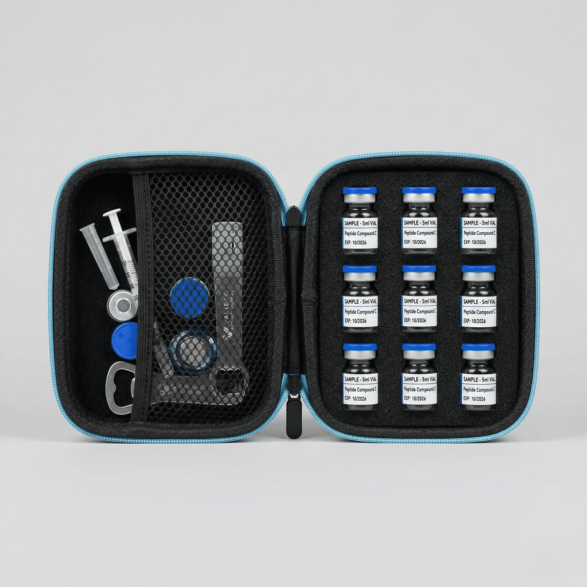compact travel case for peptide vials and needles portable pharmaceutical kit